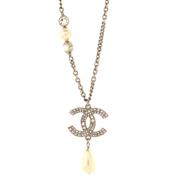 Chanel CC Teardrop Pendant Necklace Metal with Crystals and Faux Pearl