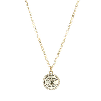 Chanel CC Round Pendant Necklace Metal with Faux Pearl and Crystals