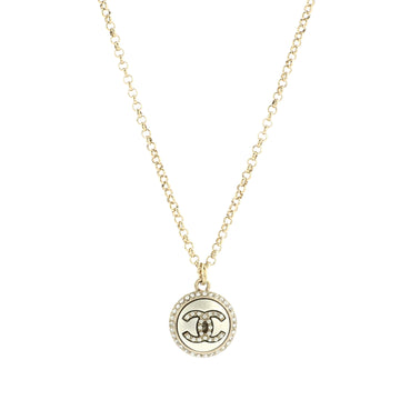 Chanel CC Round Pendant Necklace Metal with Faux Pearl and Crystals