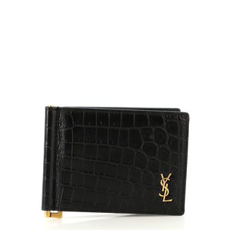 Saint Laurent Cassandre Bill Clip Wallet Crocodile Embossed Leather Tiny