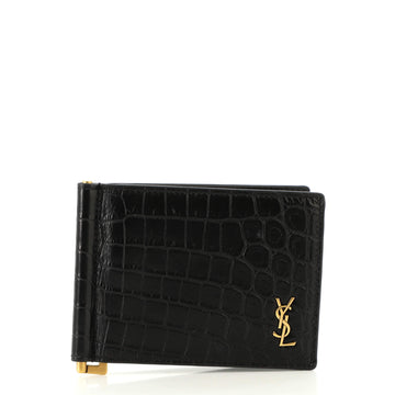 Saint Laurent Cassandre Bill Clip Wallet Crocodile Embossed Leather Tiny
