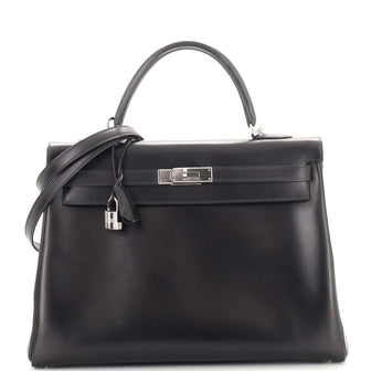 Hermes Kelly Handbag Black Box Calf with Palladium Hardware 35