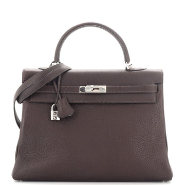 Hermes Kelly Handbag Brown Fjord with Palladium Hardware 35