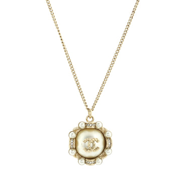 Chanel Twisted CC Round Pendant Necklace Metal with Crystals and Faux Pearls