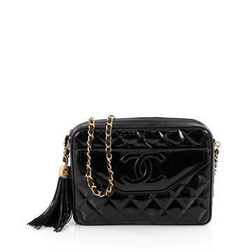 Chanel Vintage Camera Tassel Bag Quilted Patent Medium Black