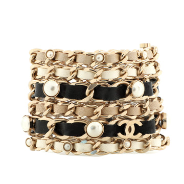 Chanel Multi Row Woven Chain Bracelet Metal and Leather with Faux Pearls Medium