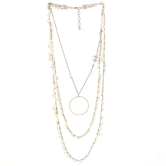 Chanel Triple Strand Circle Pendant Necklace Metal with Faux Pearls