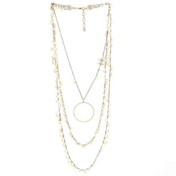 Chanel Triple Strand Circle Pendant Necklace Metal with Faux Pearls