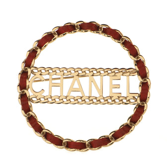 Chanel Logo Chain Link Round Brooch Metal with Leather