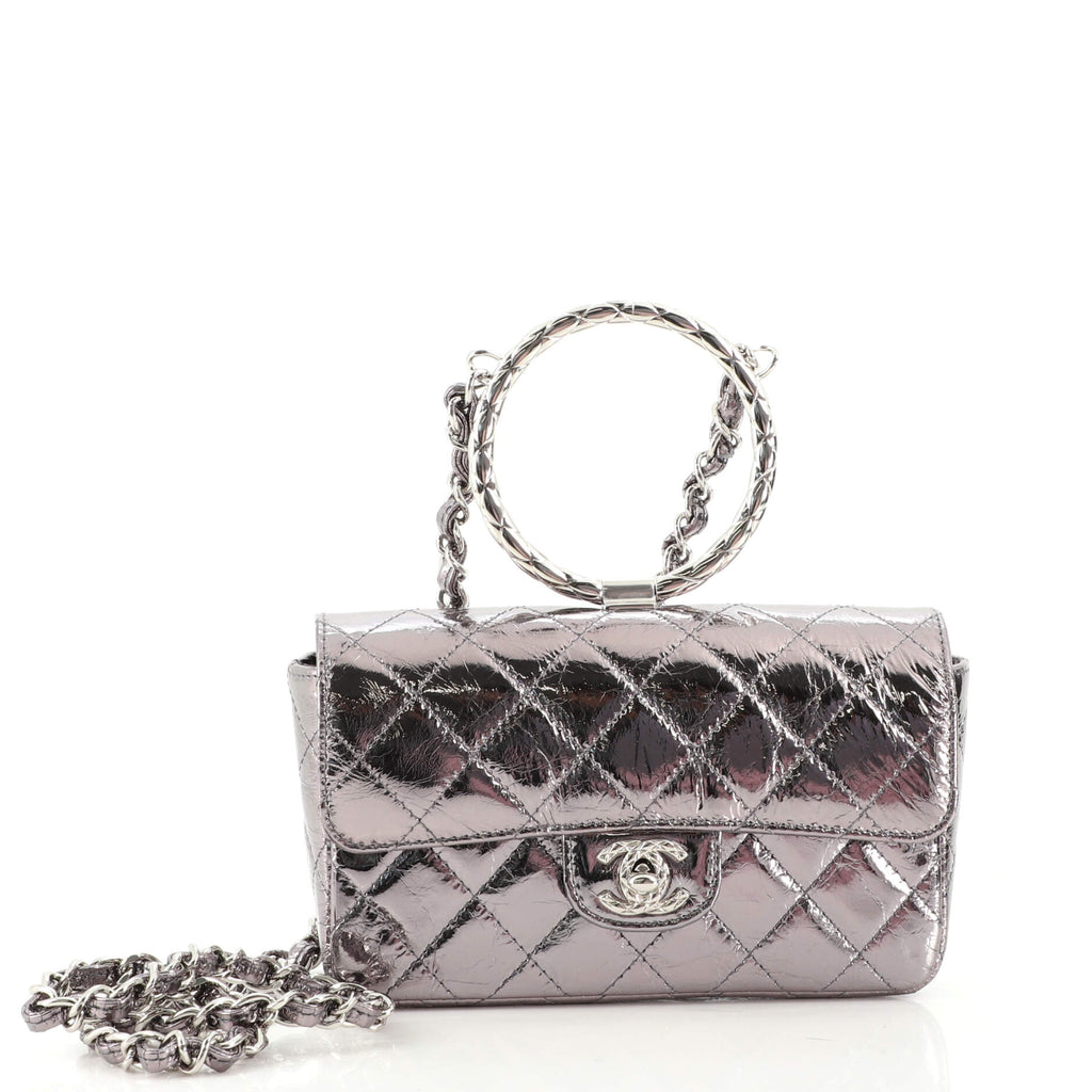 Chanel Ring Handle CC Flap Bag Quilted Metallic Calfskin Mini Silver 1714711