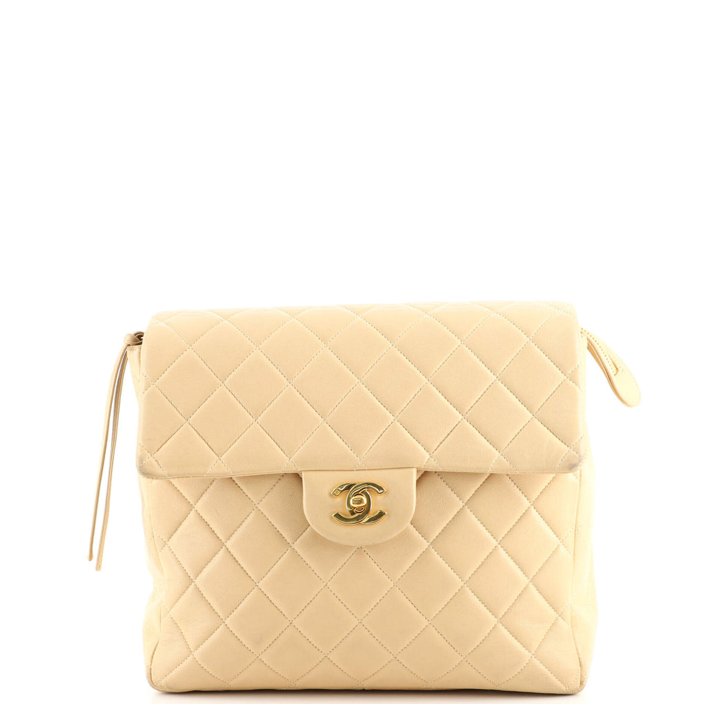 Chanel Beige Classic Medium Double Flap Bag Lambskin Leather – l