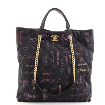 Chanel Denim Mood Shopping Tote Logo Printed Quilted Denim Maxi