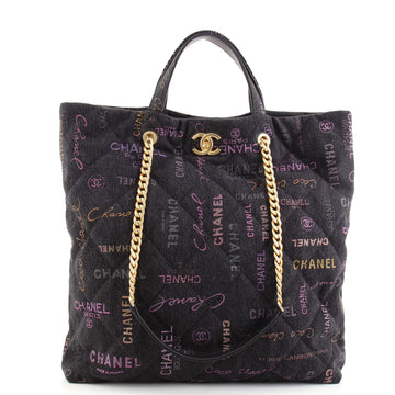 Chanel Denim Mood Shopping Tote Logo Printed Quilted Denim Maxi
