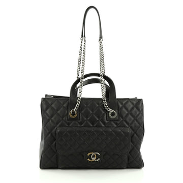 Chanel Two-Tone Front Pocket Shopping Tote Quilted Goatskin Large black