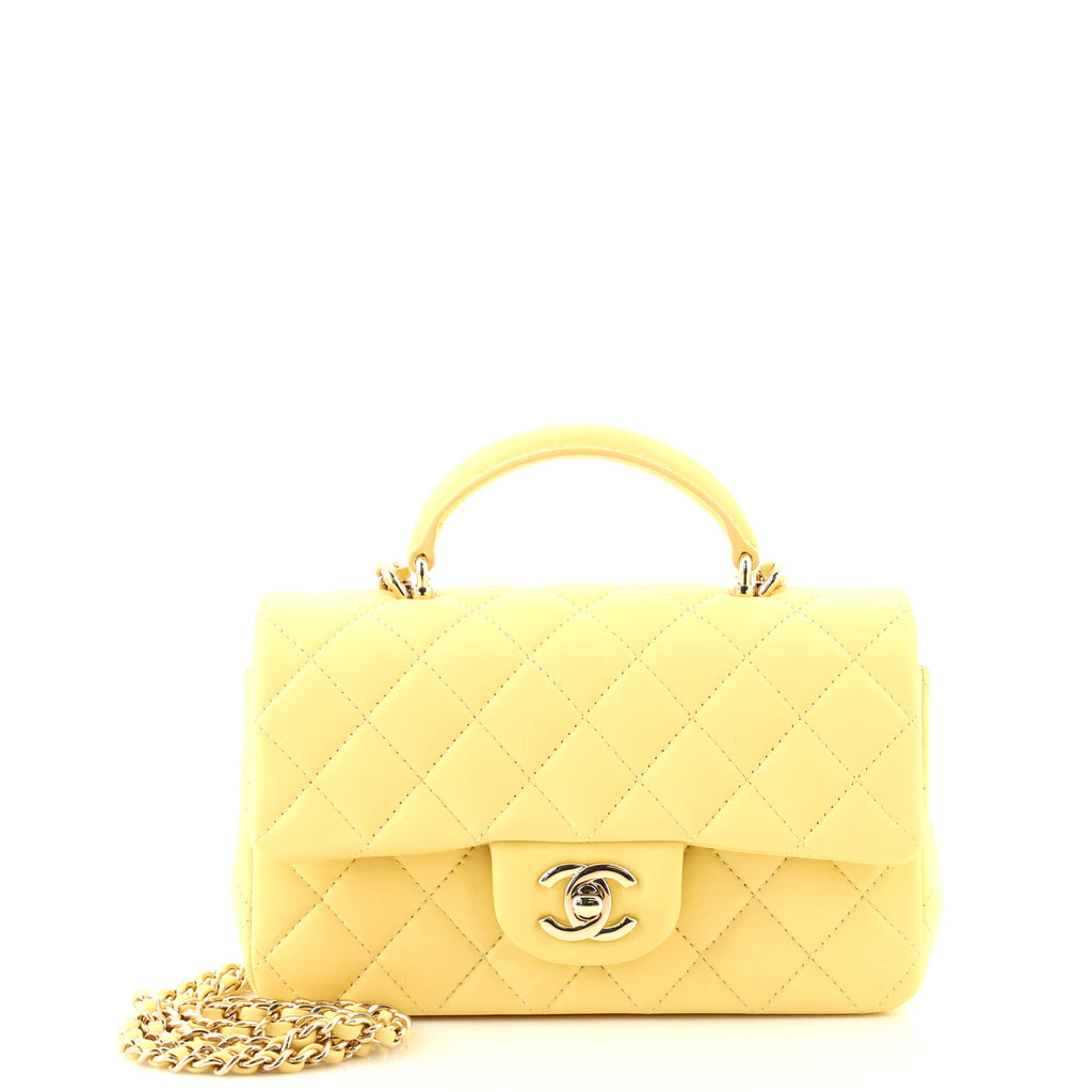 Chanel Classic Single Flap Top Handle Bag Quilted Lambskin Mini Yellow  171876164