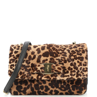 Salvatore Ferragamo Vara Bow Chain Flap Bag Printed Quilted Pony Hair Medium