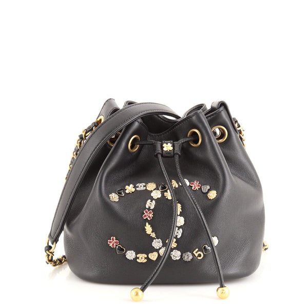 Chanel Lucky Charms CC Drawstring Bucket Bag Embellished Lambskin Mini  Black 171876397