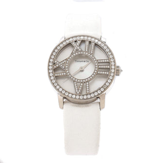 Tiffany & Co. Atlas Cocktail Round Quartz Watch White Gold with Diamonds and Satin Leather with Mother of Pearl 26