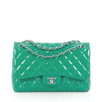 Chanel Classic Double Flap Bag Quilted Patent Jumbo green