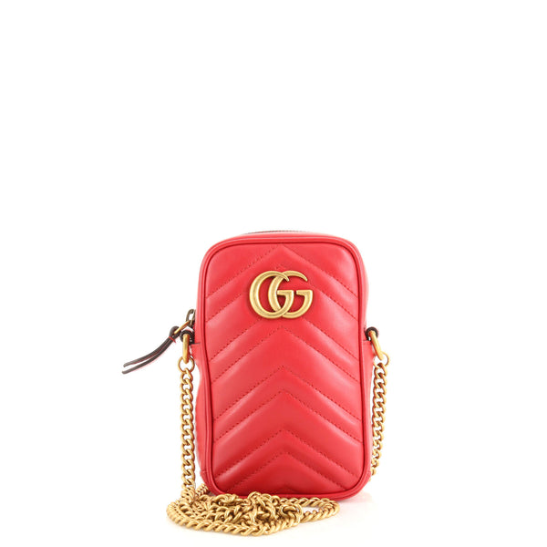 Gucci GG Marmont Vertical Phone Crossbody Bag Matelasse Leather Mini Red  1349111