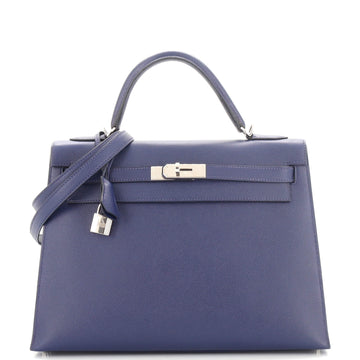 Hermes Kelly Handbag Blue Epsom with Palladium Hardware 32