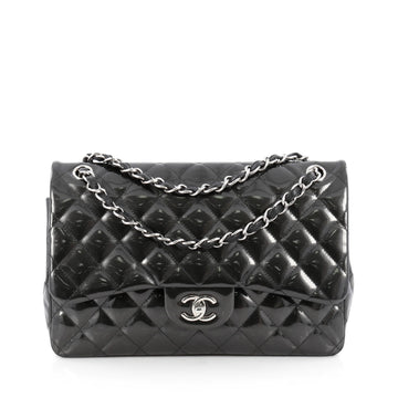 Chanel Classic Double Flap Bag Quilted Striped Metallic Patent Jumbo Black