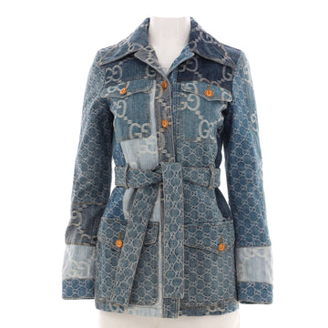 Gucci Women's Button Up Four Pocket Patchwork Belted Jacket GG Denim
