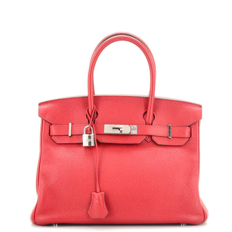 Hermes Birkin Handbag Red Clemence with Palladium Hardware 30
