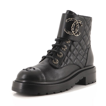 Chanel Women's Chain CC Cap Toe Lace Up Combat Boots Quilted Mixed Materials