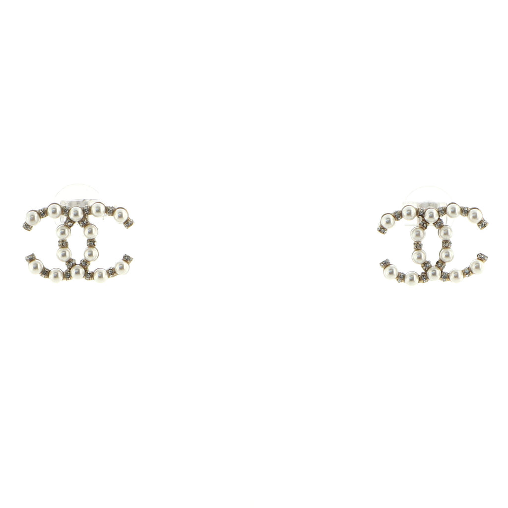 Chanel CC Logo Stud Earrings Faux Pearls and Metal with Crystal Gold 1722761