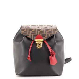 Fendi Drawstring Flap Backpack Leather with Zucca Embossed Detail Small