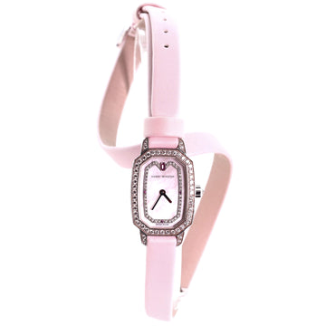 Emerald Quartz Watch White Gold and Satin with Diamond Bezel, Diamond and Pink Sapphire Markers, and Mother of Pearl 18