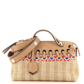 Fendi By The Way Satchel Embellished Raffia with Whipstitch Leather Small