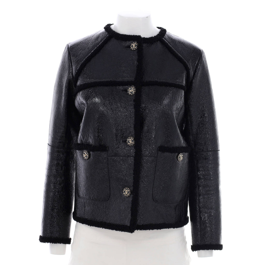 Chanel Women's Double Pocket Button Up Jacket Leather with