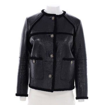 Chanel Women's Double Pocket Button Up Jacket Leather with Shearling Trim