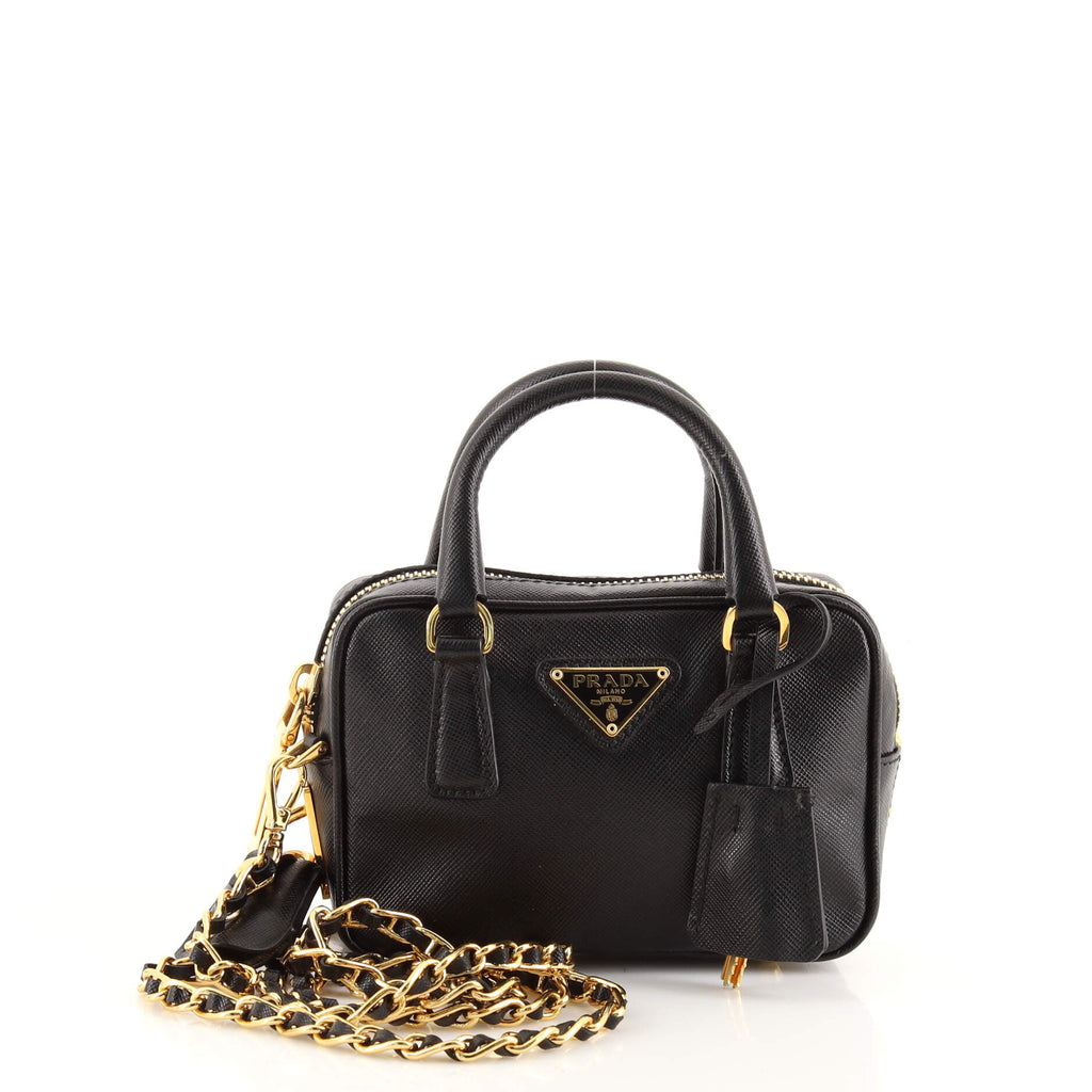 Prada Convertible Chain Bowler Bag Saffiano Leather Mini Black 1724701
