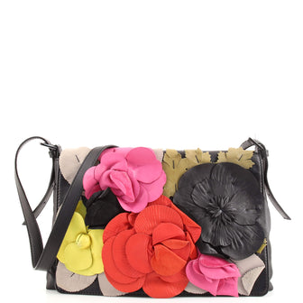 Valentino Floral Applique Flap Shoulder Bag Leather Small