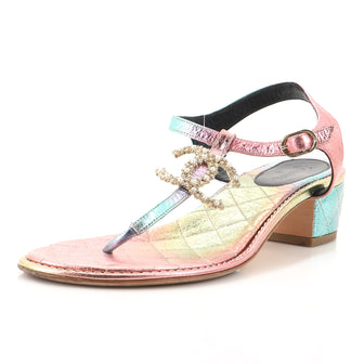 Chanel Women's Embellished CC T-Strap Sandals Quilted Leather