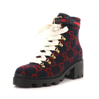 Gucci Women's Heeled Lace Up Combat Ankle Boots GG Wool