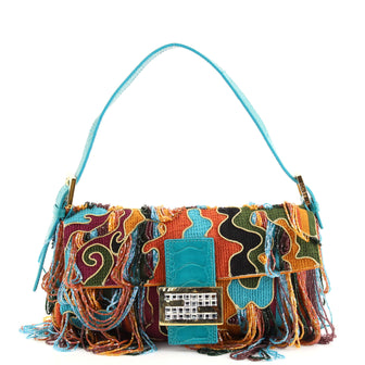 Fendi Baguette Bag Embroidered Wool with Beaded Fringe and Alligator