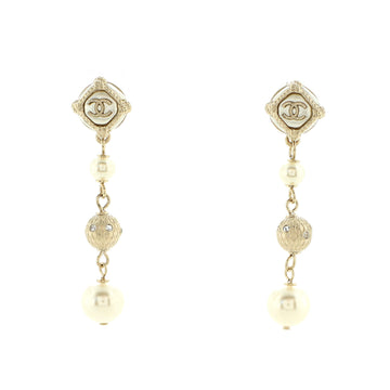 Chanel CC Drop Dangling Earrings Metal with Crystal and Faux Pearls