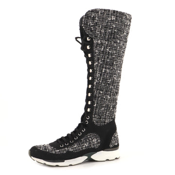 Chanel Women's Knee High Sneaker Boots Tweed with Leather