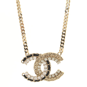 Chanel CC Pendant Choker Necklace Metal with Crystals, Faux Pearls and Leather