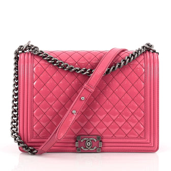 Chanel Boy Flap Bag Quilted Patent Large Pink