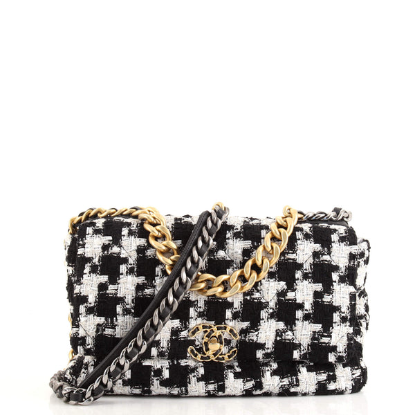 Chanel 19 Flap Bag Quilted Houndstooth Tweed and Ribbon Large Black 2370454