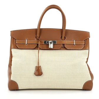 Hermes Birkin Handbag Crinoline and Brown Barenia with Palladium Hardware 40 Brown