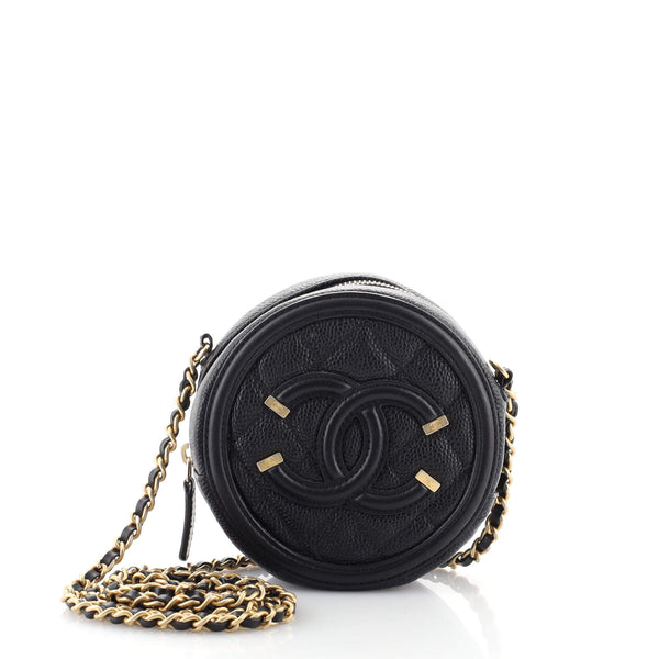 Chanel Filigree Round Clutch with Chain Quilted Caviar Mini Black 1730671
