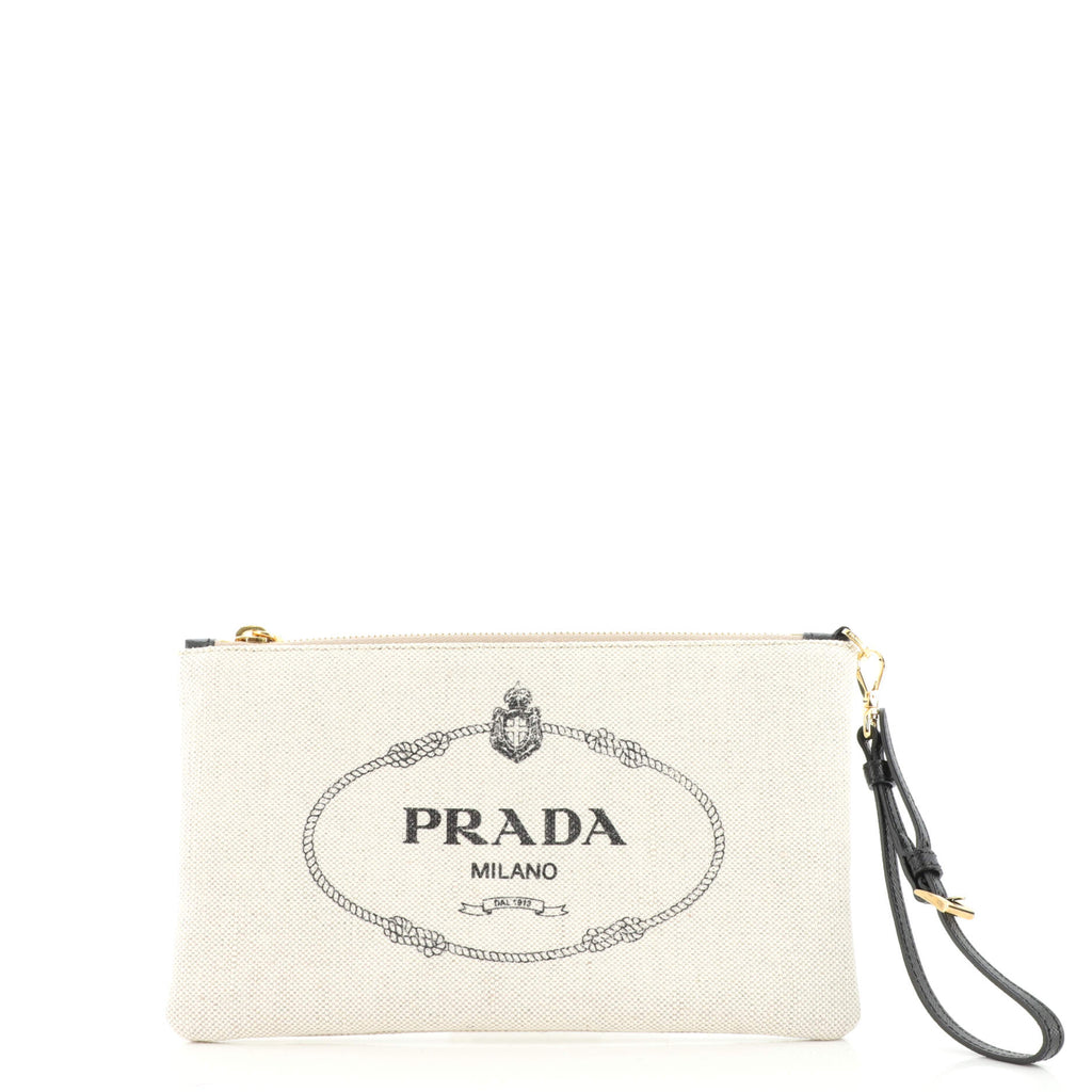 Prada Mistolino Logo Wristlet Pouch Canvas Medium Neutral 1731018