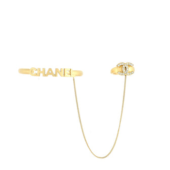 Chanel Logo Bangle with Chain Attached CC Ring Bracelet Metal with Crystal