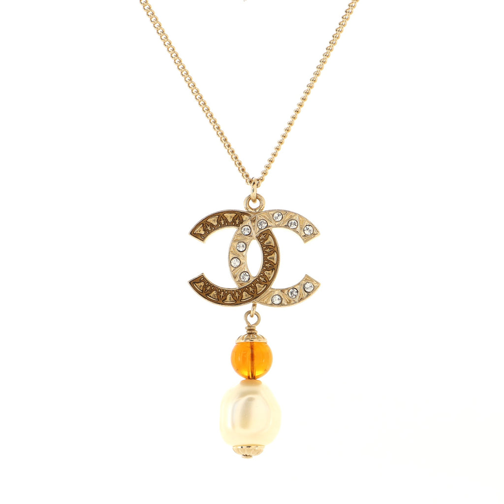Chanel Engraved CC Drop Pendant Necklace Metal with Crystals, Faux Pearl  and Bead Gold 17310431